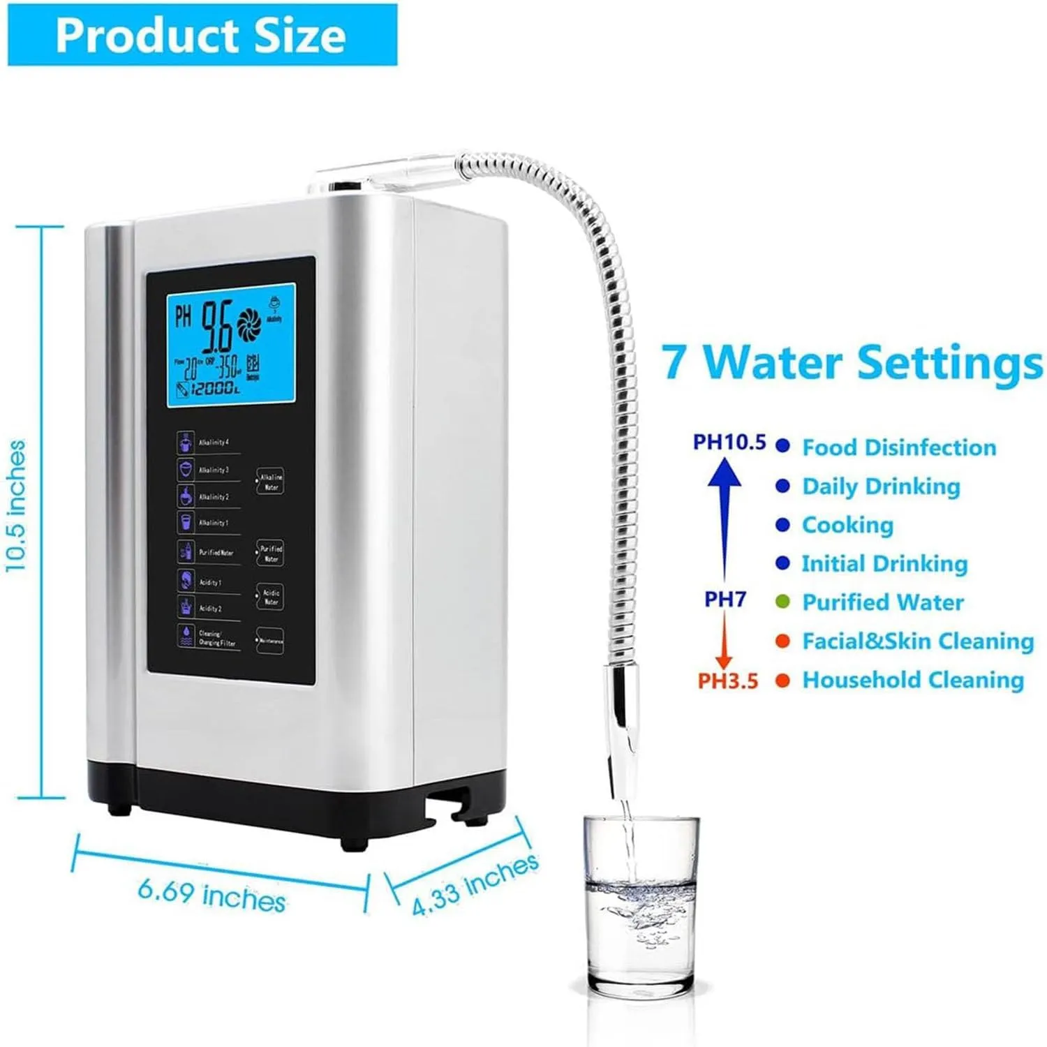 Alkaline Electrolyzed Water Machine Ph 3.5-10.5, Home Filtration System 8000 Liters per Filtration, 7 Water Settings, Automatic Cleaning, Smart Voice,silver-110V