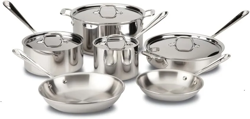 All-Clad D3 3-Ply Stainless Steel Cookware Set 10 Piece Induction Oven Broil Safe 600F Pots and Pans & HA1 Hard Anodized Nonstick 2 Piece Fry Pan Set 8, 10 Inch Induction Pots and Pans, Cookware Black