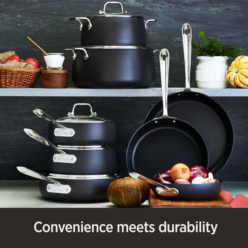 All-Clad D3 3-Ply Stainless Steel Cookware Set 10 Piece Induction Oven Broil Safe 600F Pots and Pans & HA1 Hard Anodized Nonstick 2 Piece Fry Pan Set 8, 10 Inch Induction Pots and Pans, Cookware Black