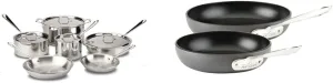 All-Clad D3 3-Ply Stainless Steel Cookware Set 10 Piece Induction Oven Broil Safe 600F Pots and Pans & HA1 Hard Anodized Nonstick 2 Piece Fry Pan Set 8, 10 Inch Induction Pots and Pans, Cookware Black
