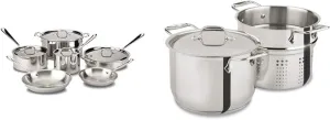 All-Clad D3 Stainless Cookware Set, Pots and Pans, Tri-Ply Stainless Steel, Professional Grade, 10-Piece & E414S6 Stainless Steel Pasta Pot and Insert Cookware, 6-Quart, Silver