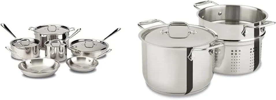 All-Clad D3 Stainless Cookware Set, Pots and Pans, Tri-Ply Stainless Steel, Professional Grade, 10-Piece & E414S6 Stainless Steel Pasta Pot and Insert Cookware, 6-Quart, Silver