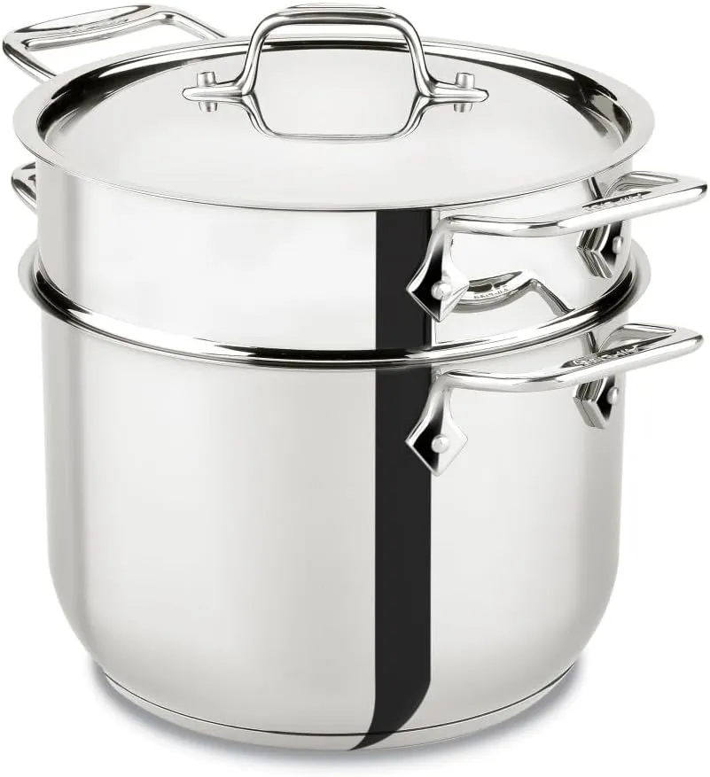 All-Clad Specialty Stainless Steel Stockpot, Multi-Pot with Strainer 3 Piece, 6 Quart Induction Oven Broiler Safe 500F Strainer, Pasta Strainer with Handle, Pots and Pans Silver