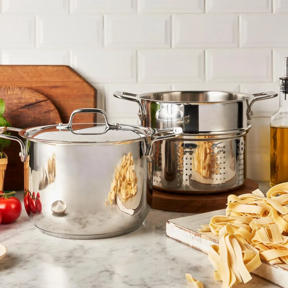 All-Clad Specialty Stainless Steel Stockpot, Multi-Pot with Strainer 3 Piece, 6 Quart Induction Oven Broiler Safe 500F Strainer, Pasta Strainer with Handle, Pots and Pans Silver