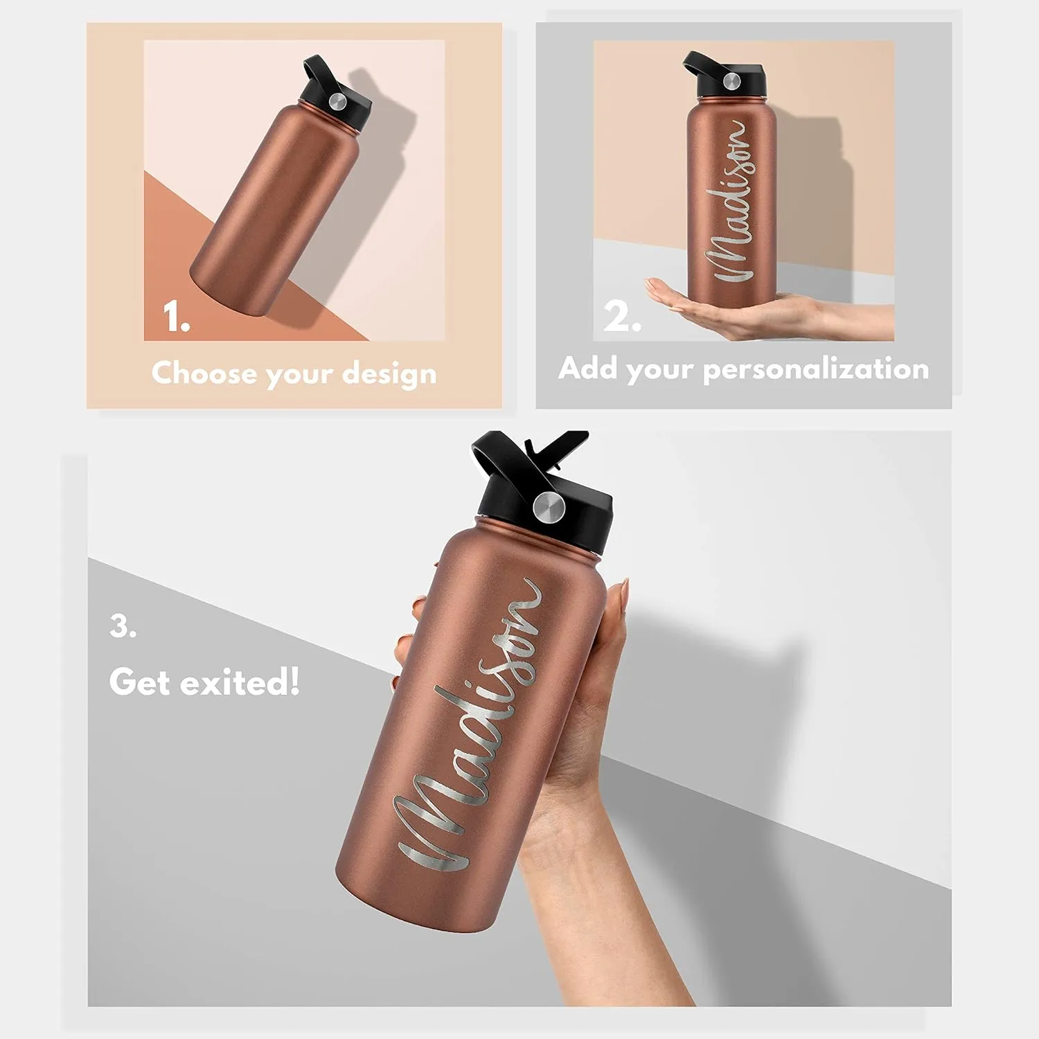Amazing Items Personalized Water Bottle w/Straw & Lid, 32 oz - Navy Blue | Custom Stainless Steel Sports Water Bottle w/Name and Text - Double Wall, Vacuum Insulated - Rotating Handle