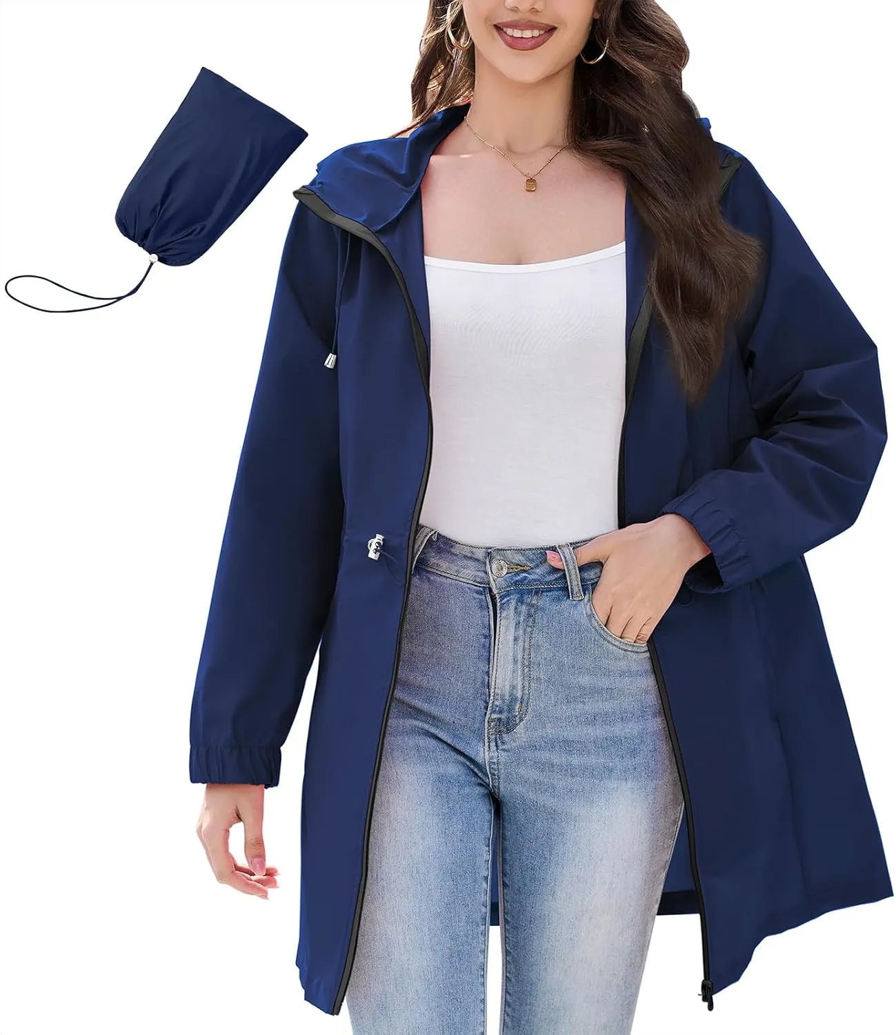 American Trends Rain Jacket Women Waterproof Packable Raincoats for Women Long Rain Coats Windbreaker