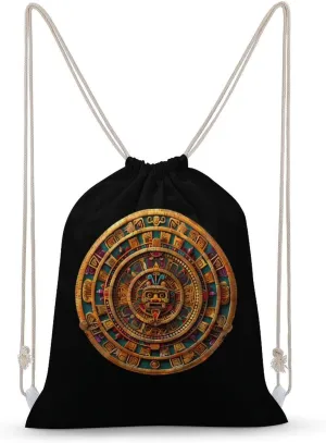 Ancient Mexican Calendar Drawstring Backpack Travel String Shoulder Bag Canvas Sport Sackpack for Gym Shopping Yoga