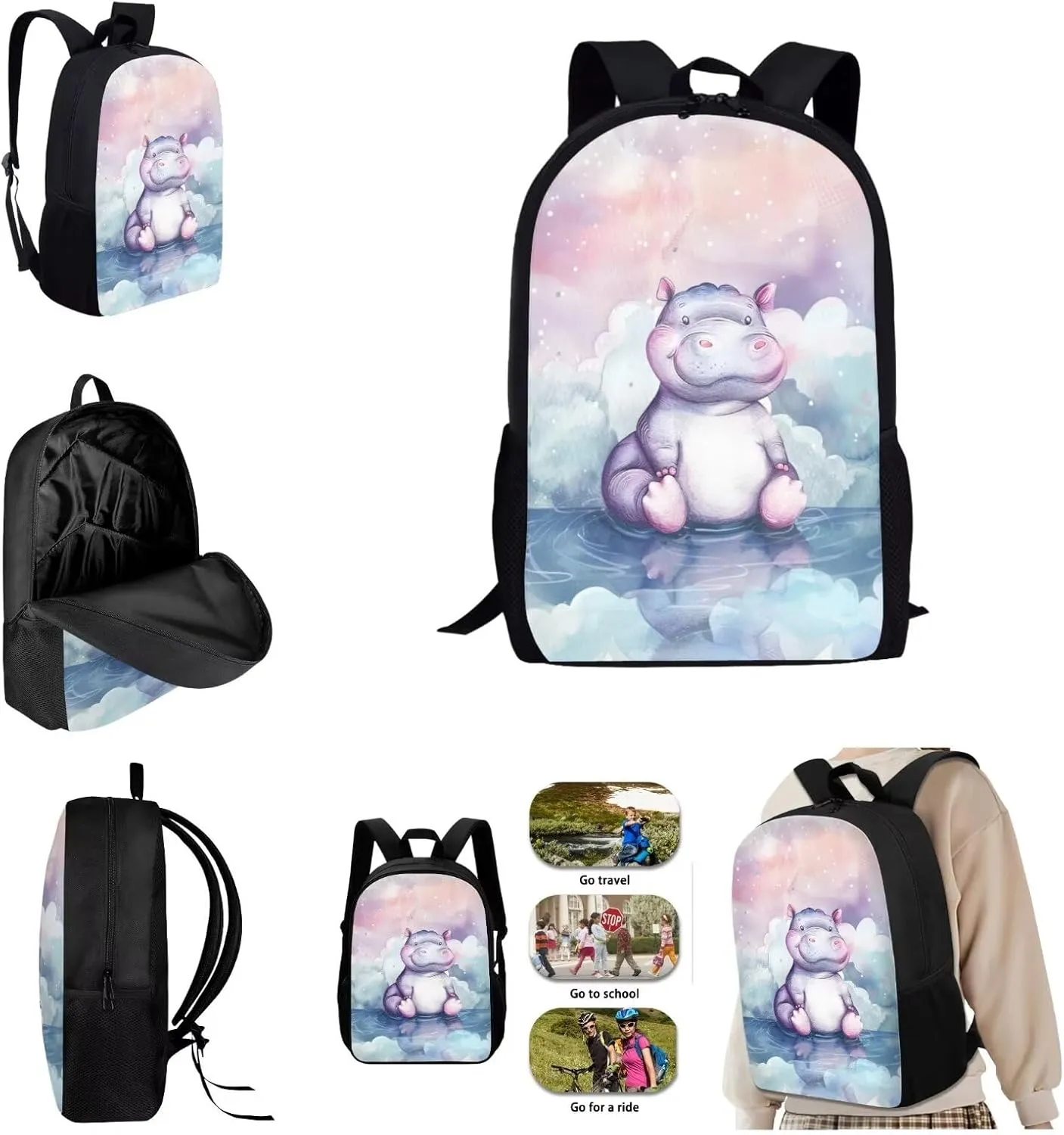 Anime Hippo Cloud Star Travel Backpack Girls Boys School Bookbag Kawaii Hiking Gym Backpack 17 Inch
