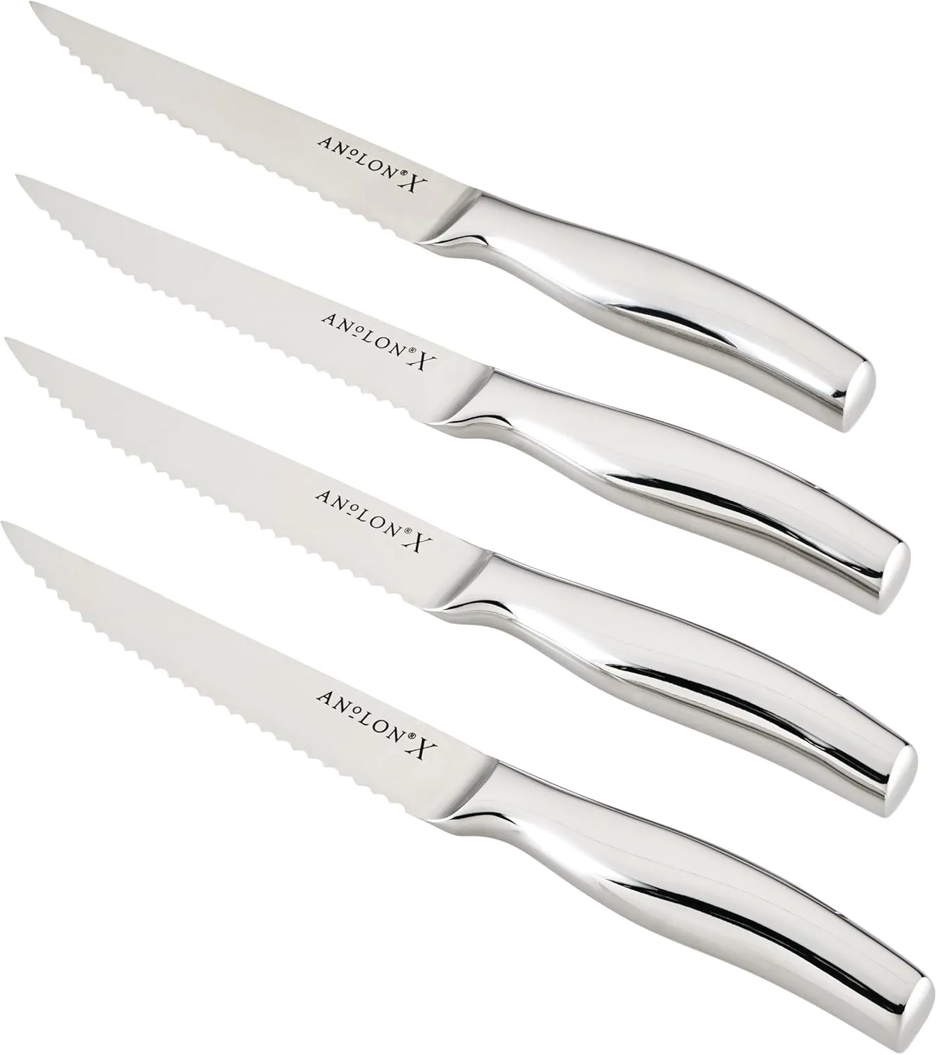 Anolon X 4 Piece Steak Knife Set, Japanese Stainless Steel, Four 5-Inch Serrated Steak Knives - Polished Stainless Steel