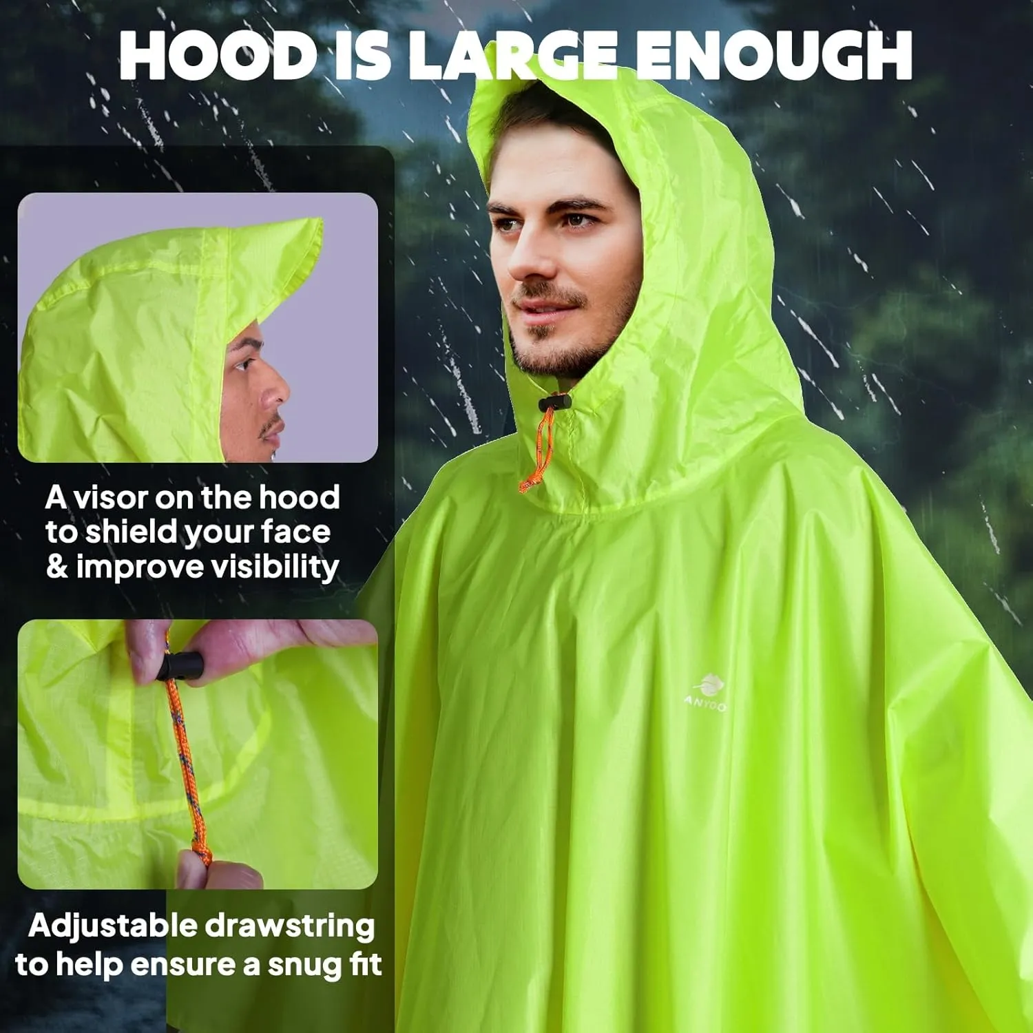ANYOO Hooded Rain Poncho for Adults Waterproof Lightweight Rain Coat for Men Women Reusable Rain Jacket for Emergency Outdoor