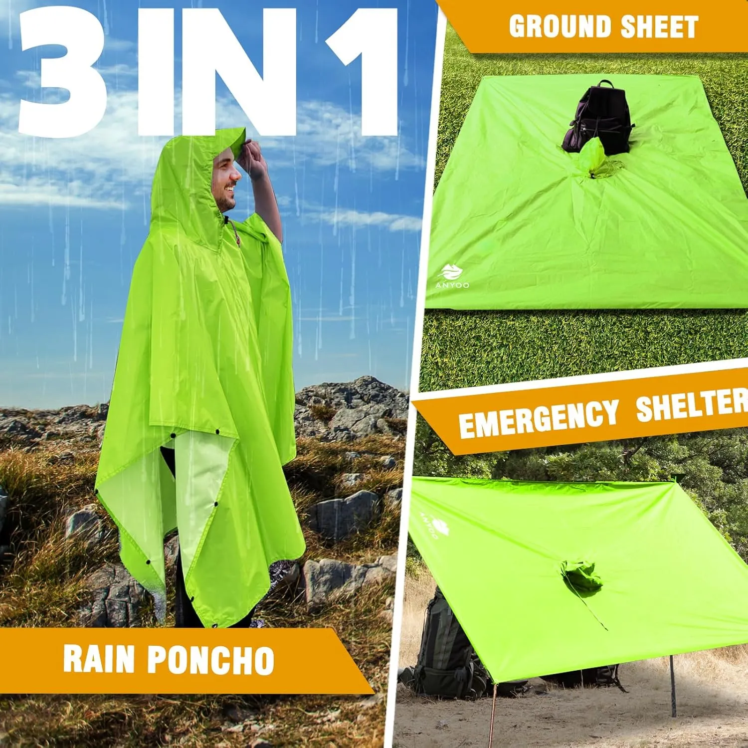 ANYOO Hooded Rain Poncho for Adults Waterproof Lightweight Rain Coat for Men Women Reusable Rain Jacket for Emergency Outdoor