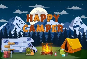 AOFOTO 15x10ft Cartoon Happy Camper Backdrop Camping Tents Car Campfire Summer Camp Party Background Snowy Mountain Forest Night Sky Stars Moon Outdoor Camper Hiking Climbing Birthday Photo Props