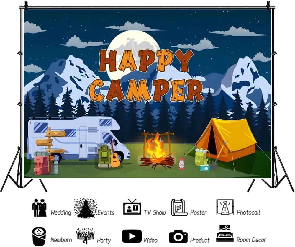 AOFOTO 15x10ft Cartoon Happy Camper Backdrop Camping Tents Car Campfire Summer Camp Party Background Snowy Mountain Forest Night Sky Stars Moon Outdoor Camper Hiking Climbing Birthday Photo Props