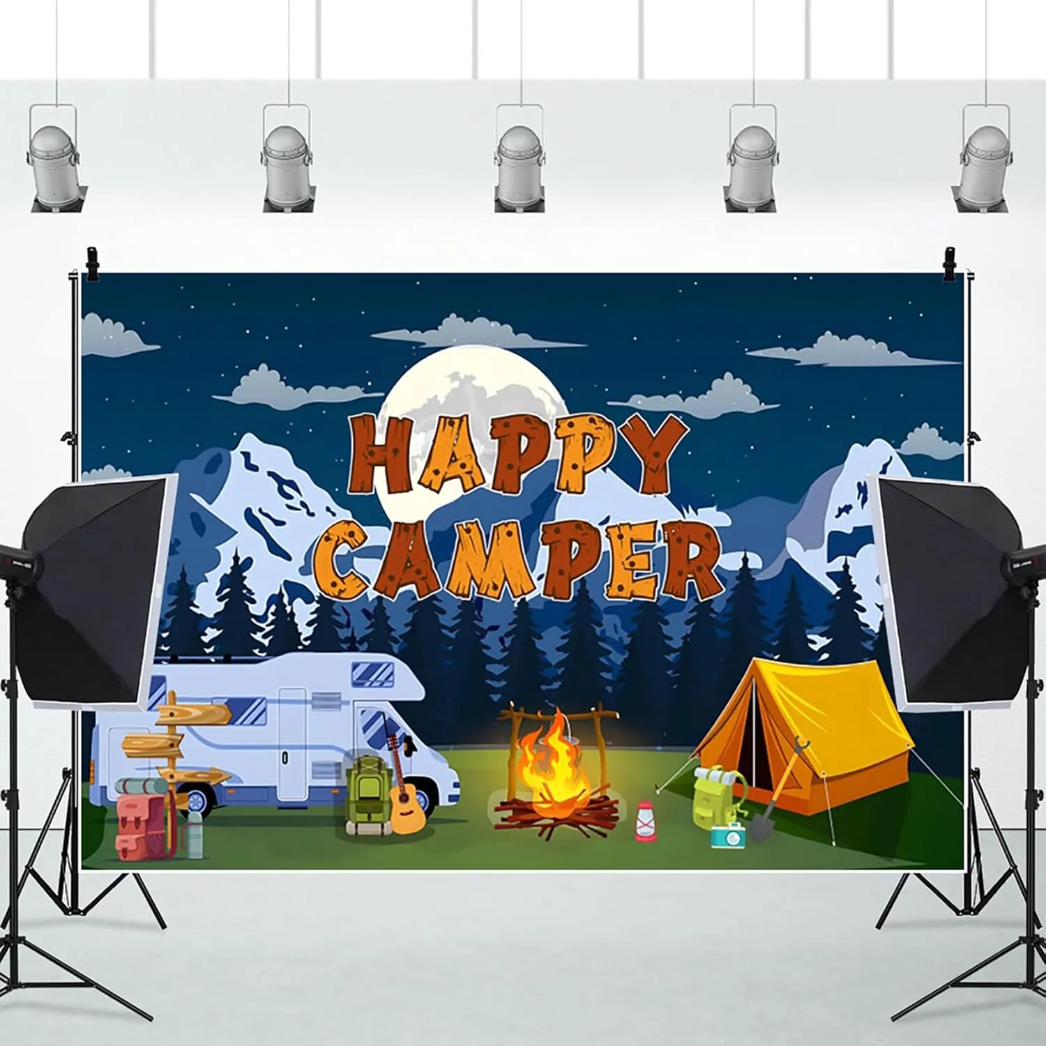 AOFOTO 15x10ft Cartoon Happy Camper Backdrop Camping Tents Car Campfire Summer Camp Party Background Snowy Mountain Forest Night Sky Stars Moon Outdoor Camper Hiking Climbing Birthday Photo Props