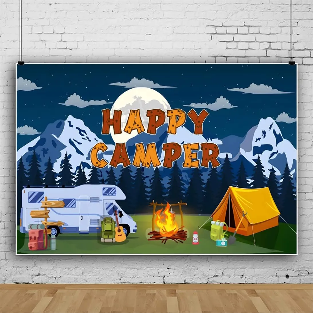 AOFOTO 15x10ft Cartoon Happy Camper Backdrop Camping Tents Car Campfire Summer Camp Party Background Snowy Mountain Forest Night Sky Stars Moon Outdoor Camper Hiking Climbing Birthday Photo Props