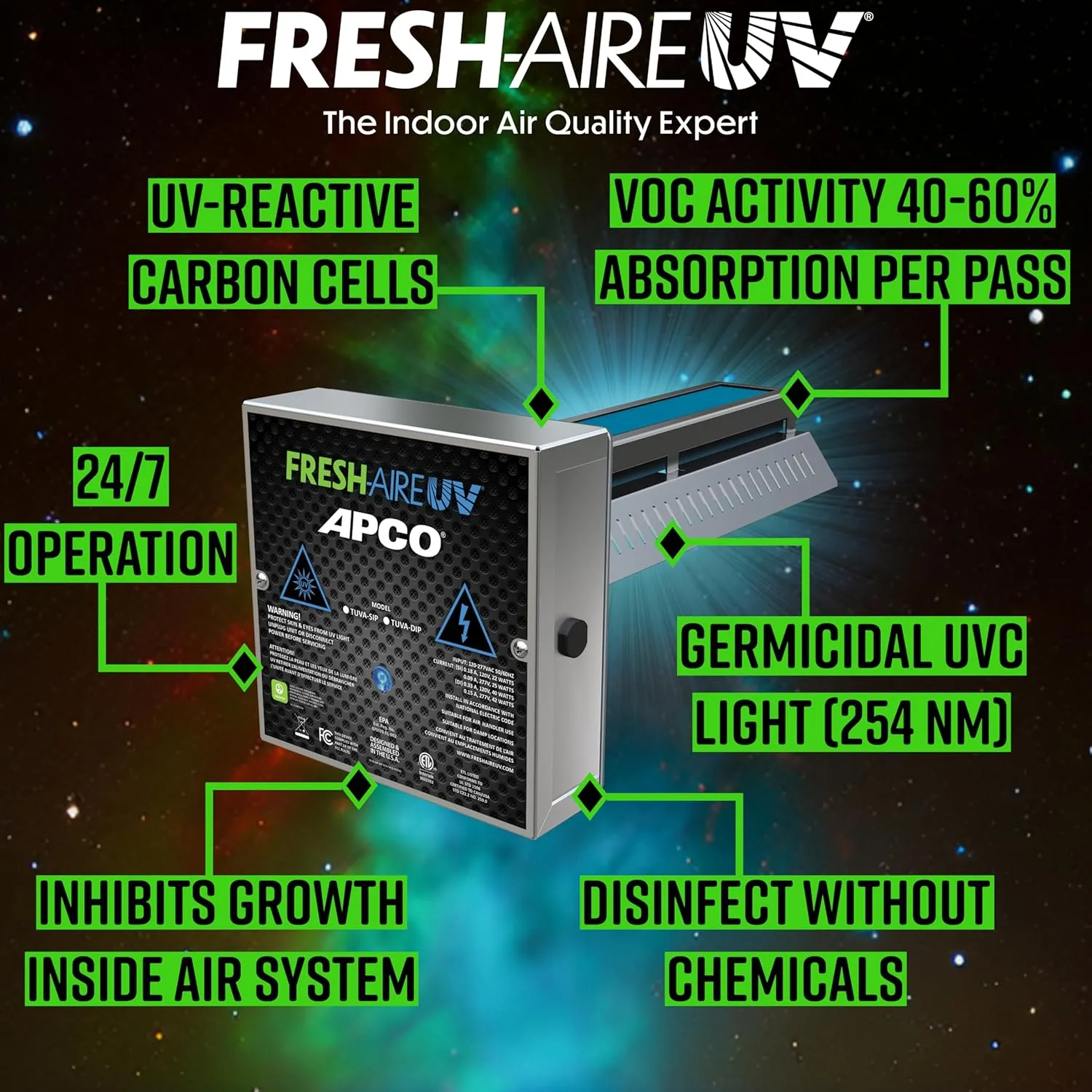APCO Carbon Cell Matrix HVAC UV Air Purifier with Power Cord, Includes 1-Year UVC Lamp (18-32 VAC Series) # TUV-APCO-ER