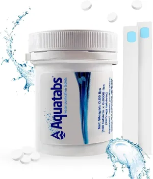 Aquatabs Water Purification Tablets for Drinking - 100 Tablets   2 Chlorine Test Strips - Water Purifier Starter Kit - for Boat and RV Tanks - by Aquamarine Water Solutions