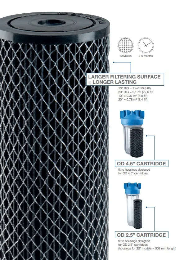 Atlas Filtri 20" x 4.5" 10 Micron Carbon Pleated Filter Cartridge (110LPM)