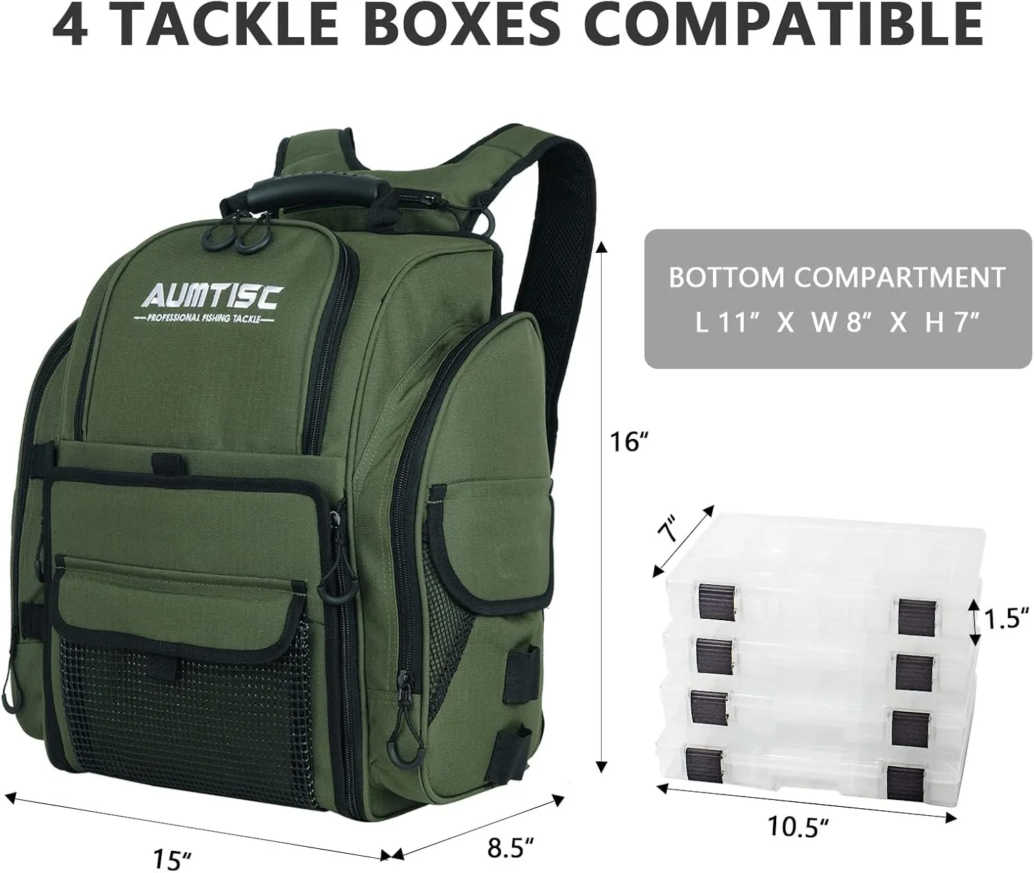 AUMTISC Fishing Tackle Bag Backpack for Men with 4 Tackle Boxes, 2 Rod Holder, Rain Cover, Large Fishing Equipment Gear Bags for Camping, Hiking
