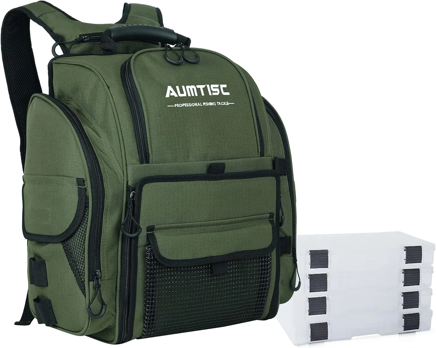 AUMTISC Fishing Tackle Bag Backpack for Men with 4 Tackle Boxes, 2 Rod Holder, Rain Cover, Large Fishing Equipment Gear Bags for Camping, Hiking
