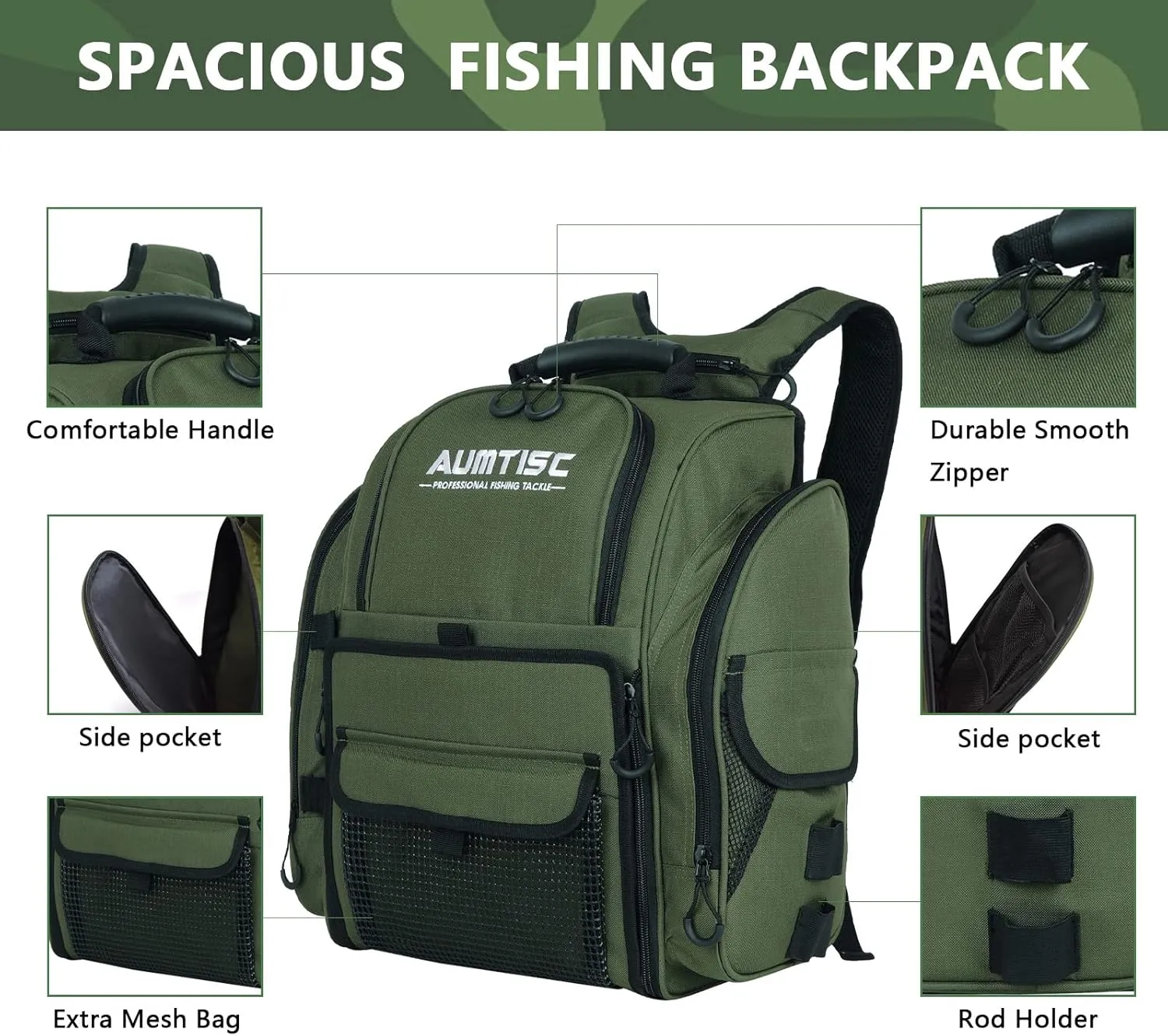 AUMTISC Fishing Tackle Bag Backpack for Men with 4 Tackle Boxes, 2 Rod Holder, Rain Cover, Large Fishing Equipment Gear Bags for Camping, Hiking