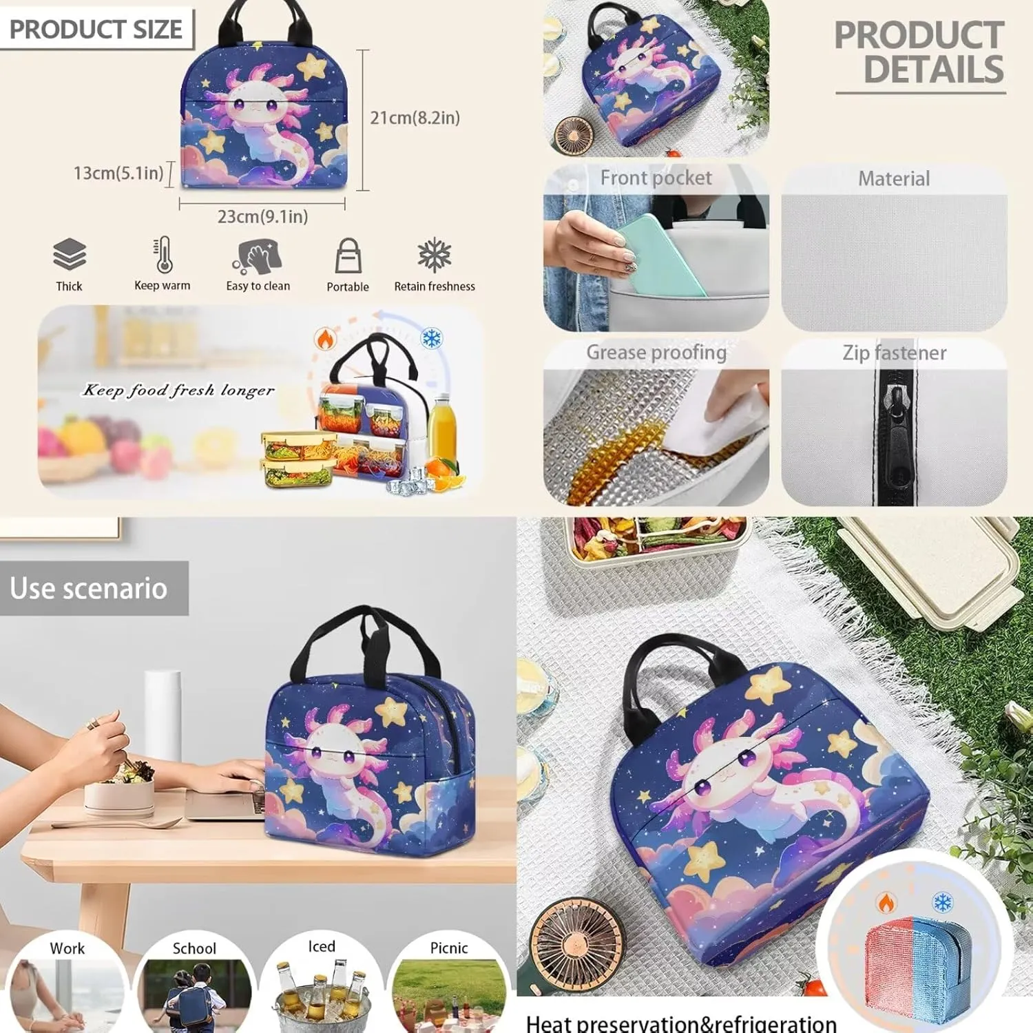 Axolotl 4 in 1 Kids Backpack for School Bookbag with Lunch Box and Water Bottle Bag Pencil Case Large Capacity Lightweight Teen Bookbag for Girls Ages 6-14 Kindergarten Elementary Middle