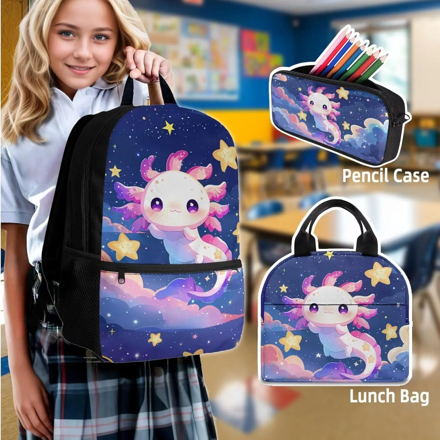 Axolotl 4 in 1 Kids Backpack for School Bookbag with Lunch Box and Water Bottle Bag Pencil Case Large Capacity Lightweight Teen Bookbag for Girls Ages 6-14 Kindergarten Elementary Middle