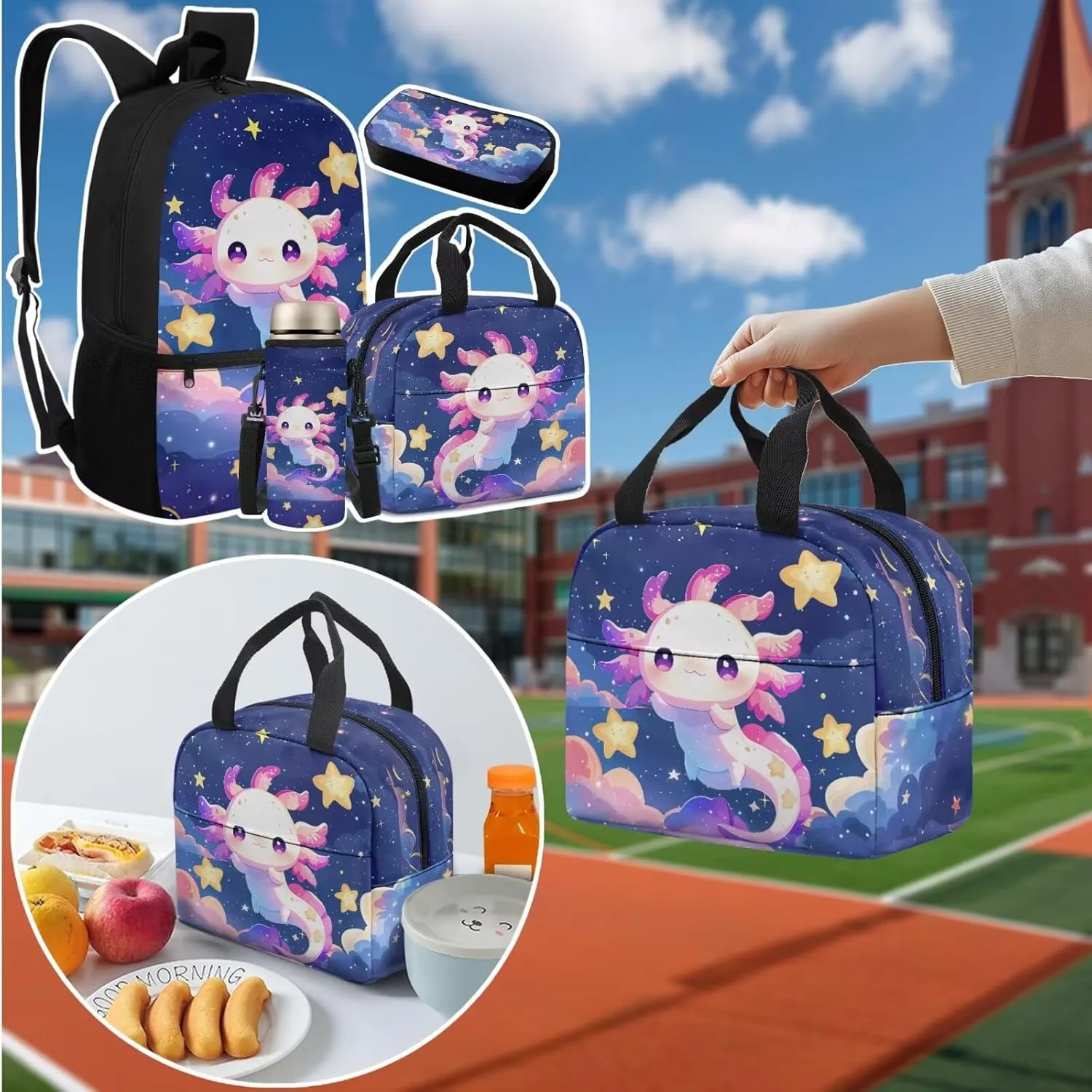 Axolotl 4 in 1 Kids Backpack for School Bookbag with Lunch Box and Water Bottle Bag Pencil Case Large Capacity Lightweight Teen Bookbag for Girls Ages 6-14 Kindergarten Elementary Middle
