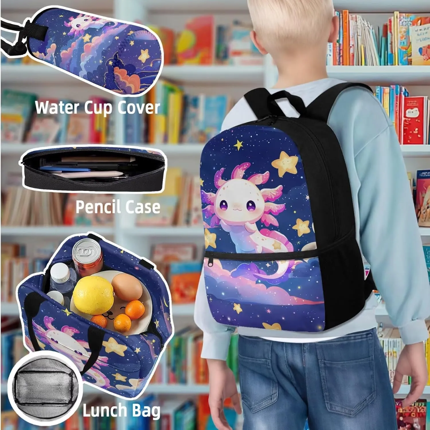 Axolotl 4 in 1 Kids Backpack for School Bookbag with Lunch Box and Water Bottle Bag Pencil Case Large Capacity Lightweight Teen Bookbag for Girls Ages 6-14 Kindergarten Elementary Middle