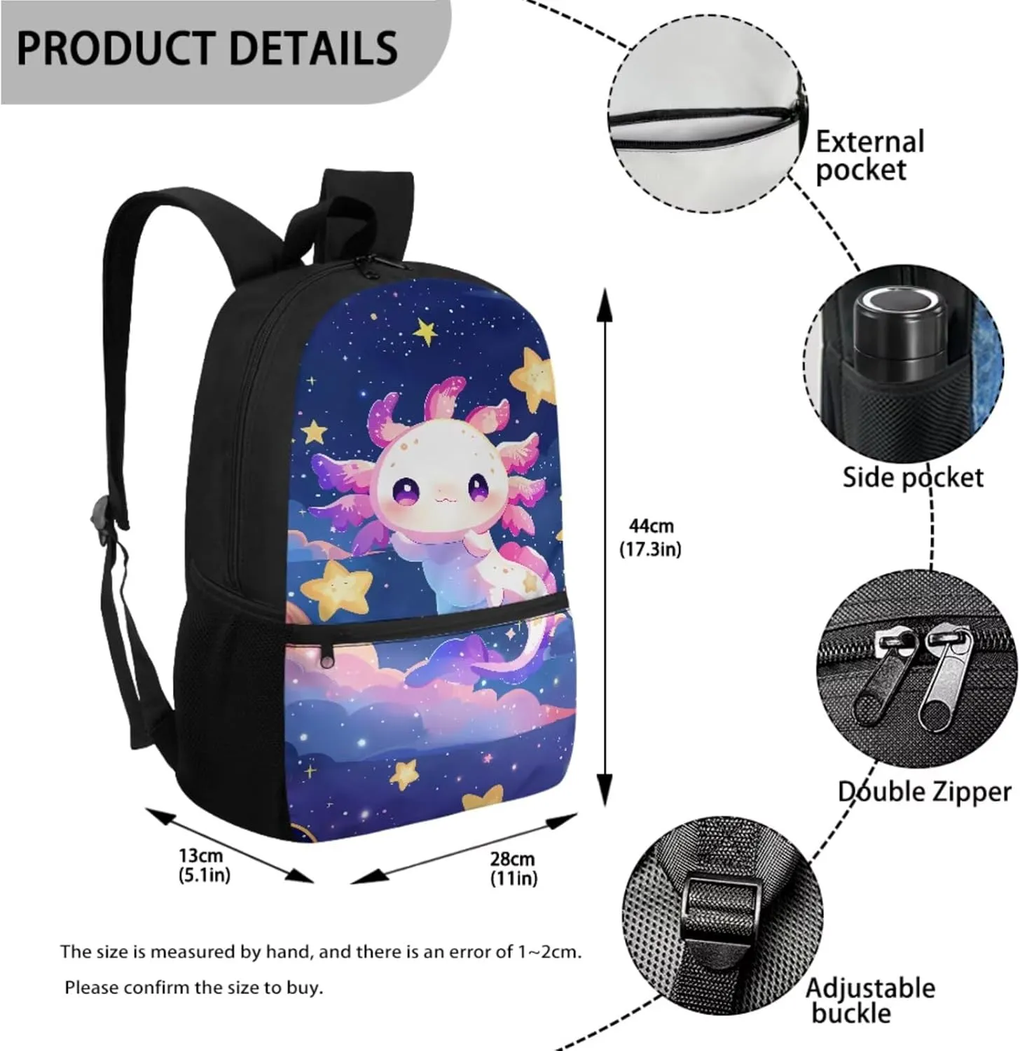 Axolotl 4 in 1 Kids Backpack for School Bookbag with Lunch Box and Water Bottle Bag Pencil Case Large Capacity Lightweight Teen Bookbag for Girls Ages 6-14 Kindergarten Elementary Middle