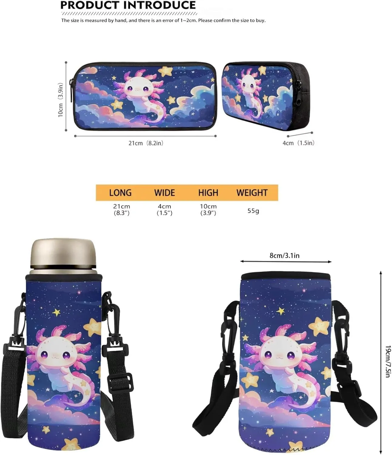Axolotl 4 in 1 Kids Backpack for School Bookbag with Lunch Box and Water Bottle Bag Pencil Case Large Capacity Lightweight Teen Bookbag for Girls Ages 6-14 Kindergarten Elementary Middle