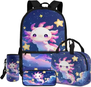 Axolotl 4 in 1 Kids Backpack for School Bookbag with Lunch Box and Water Bottle Bag Pencil Case Large Capacity Lightweight Teen Bookbag for Girls Ages 6-14 Kindergarten Elementary Middle