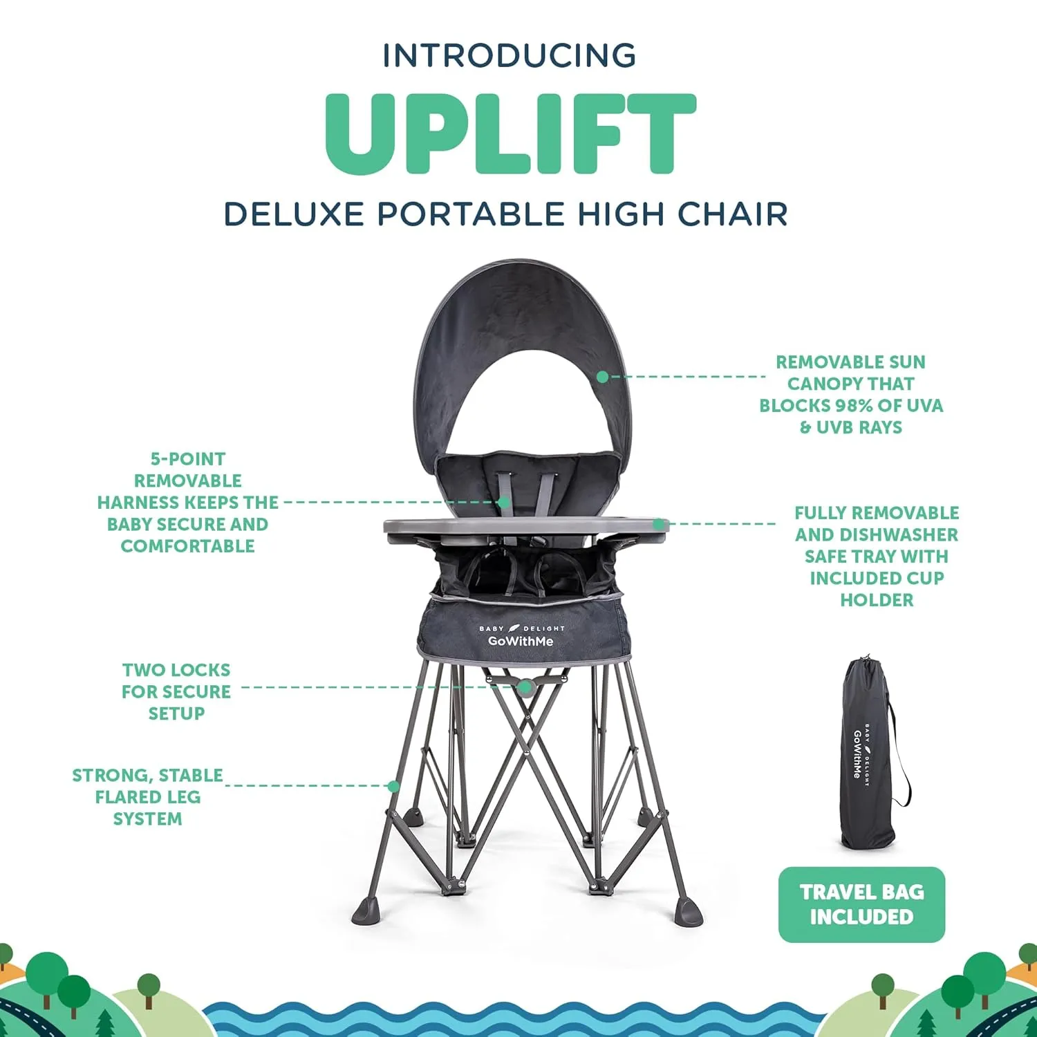 Baby Delight Go with Me Uplift Deluxe Portable High Chair | Sun Canopy | Indoor and Outdoor | Grey