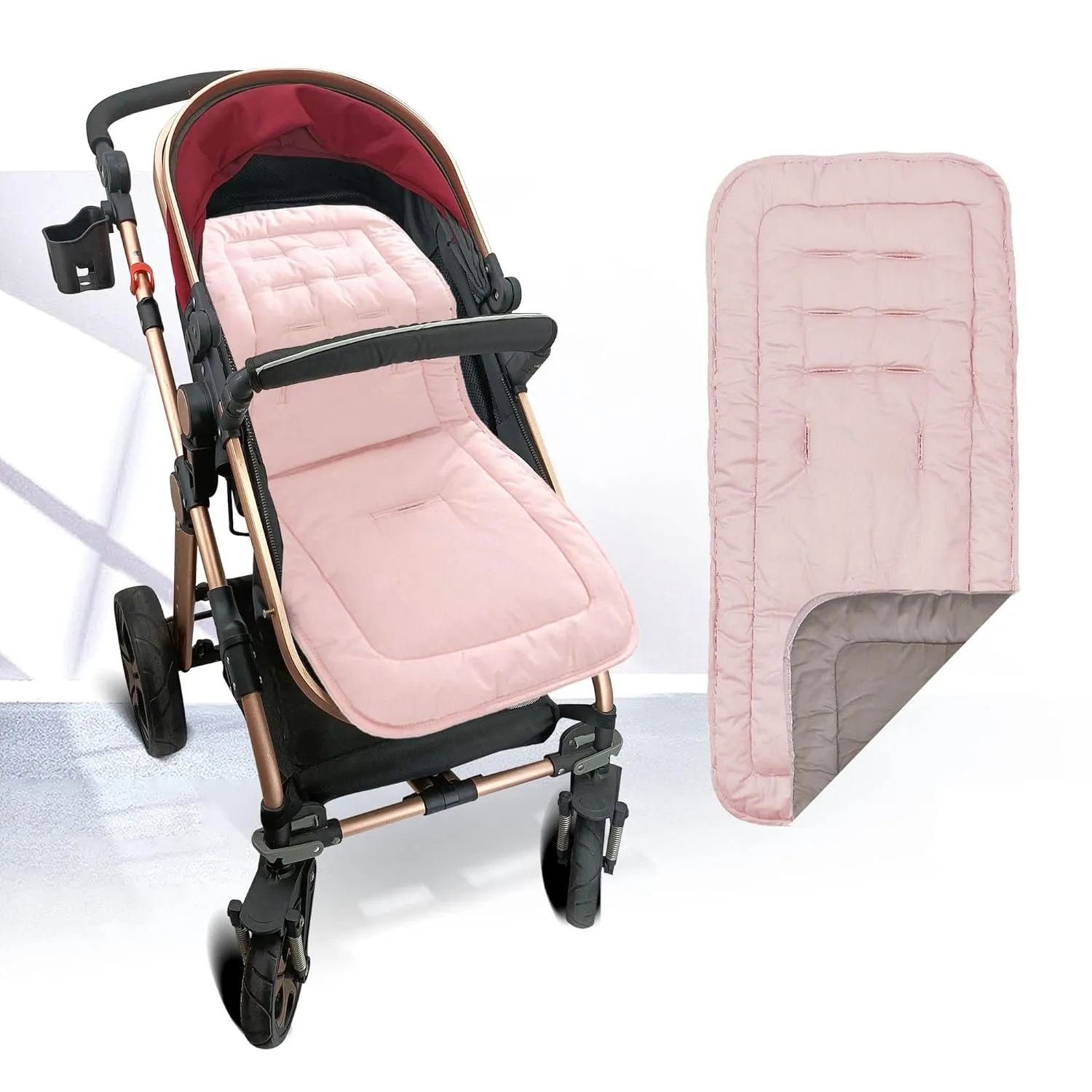 Baby Stroller Cushion, Infant Car Seat Insert-Universal Breathable and Soft Newborn Stroller Mat-100% Cotton Cover Toddler Seat Pad Liner for Stroller, 34x78cm,1 Pack（Grey Pink）
