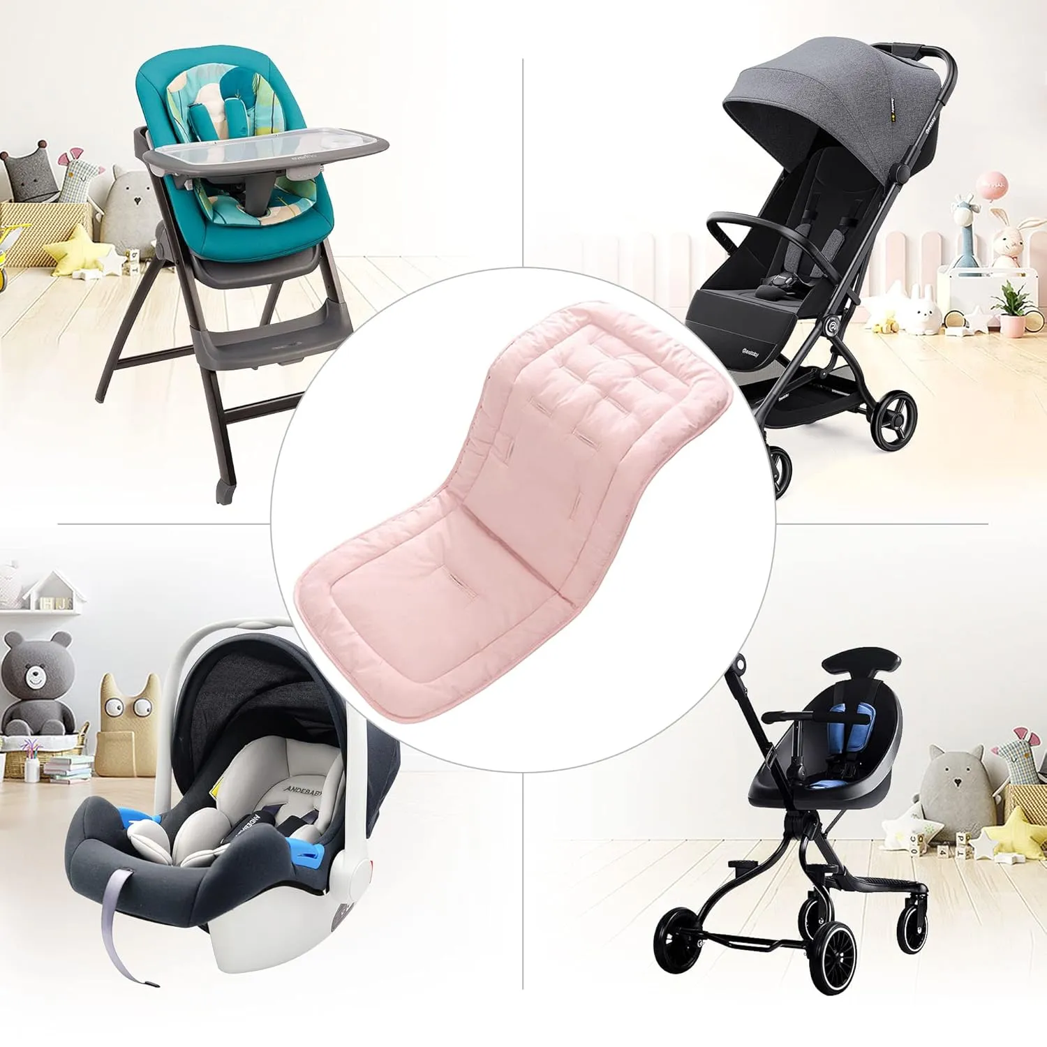 Baby Stroller Cushion, Infant Car Seat Insert-Universal Breathable and Soft Newborn Stroller Mat-100% Cotton Cover Toddler Seat Pad Liner for Stroller, 34x78cm,1 Pack（Grey Pink）