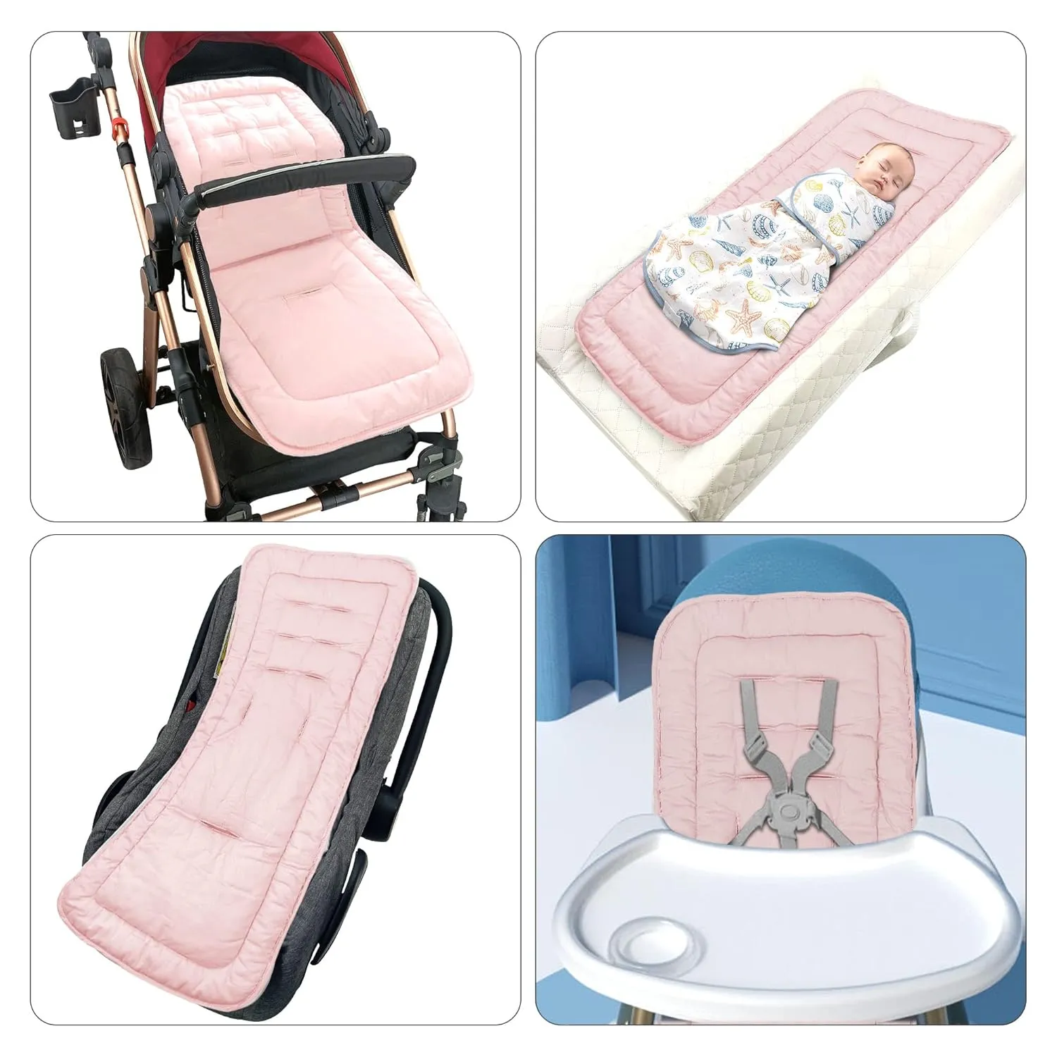 Baby Stroller Cushion, Infant Car Seat Insert-Universal Breathable and Soft Newborn Stroller Mat-100% Cotton Cover Toddler Seat Pad Liner for Stroller, 34x78cm,1 Pack（Grey Pink）