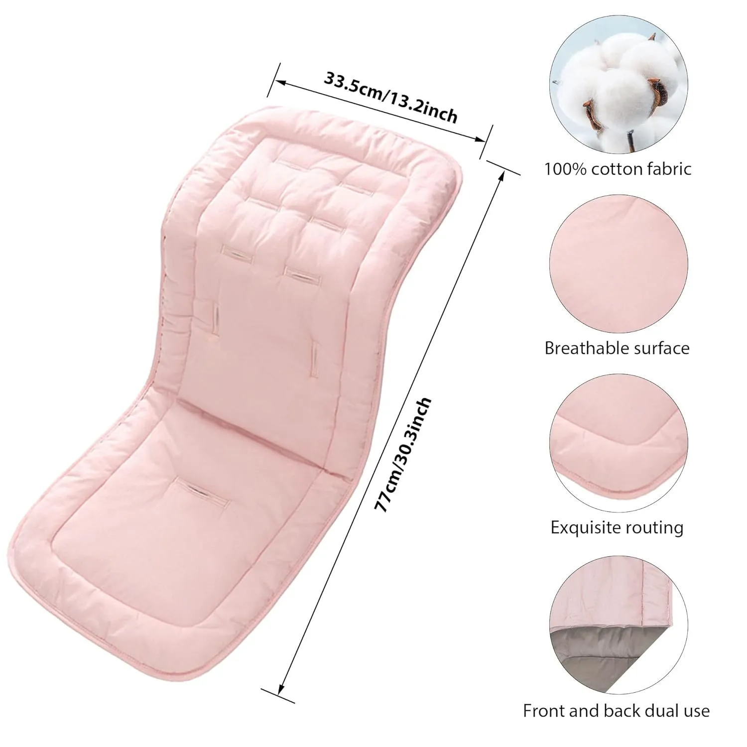 Baby Stroller Cushion, Infant Car Seat Insert-Universal Breathable and Soft Newborn Stroller Mat-100% Cotton Cover Toddler Seat Pad Liner for Stroller, 34x78cm,1 Pack（Grey Pink）