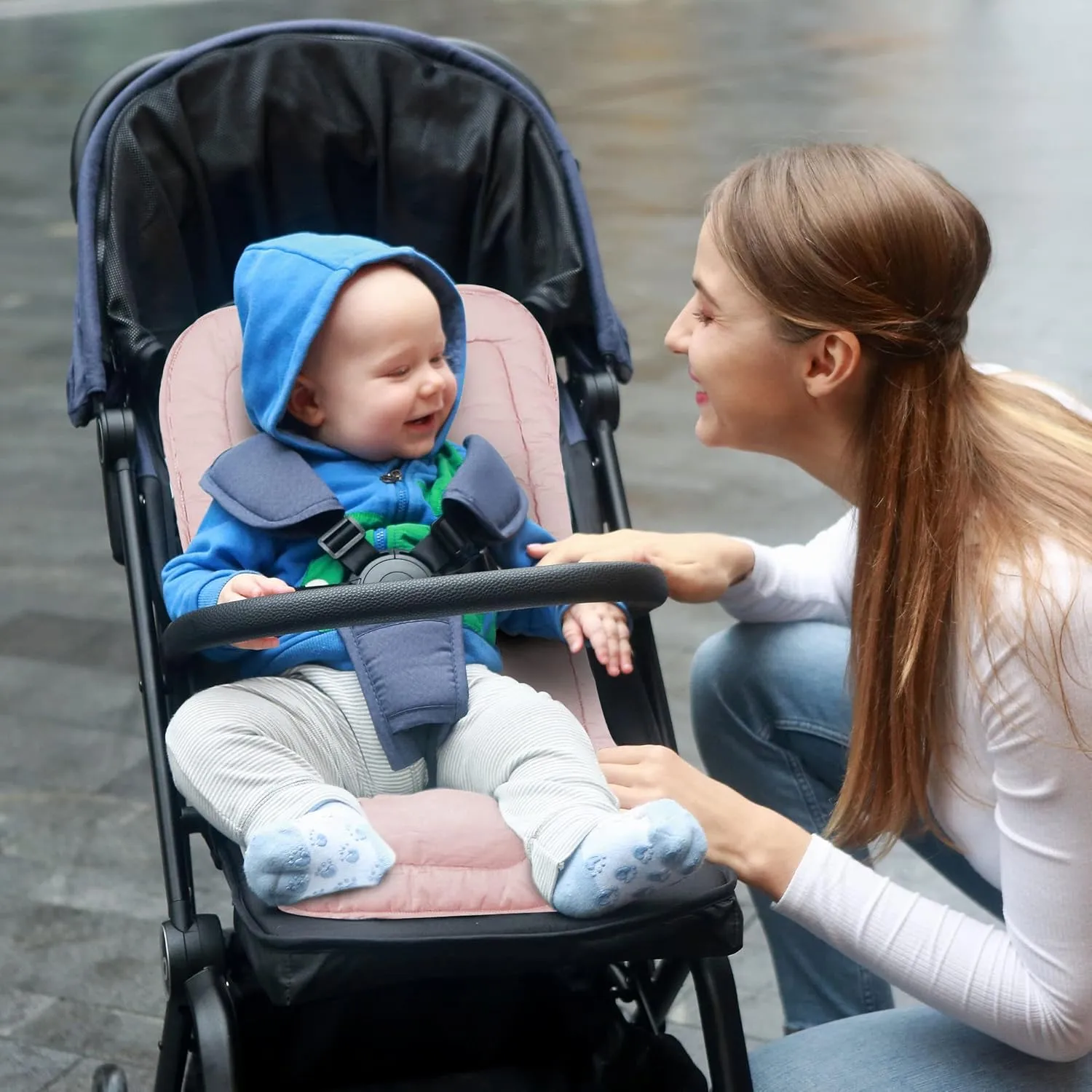 Baby Stroller Cushion, Infant Car Seat Insert-Universal Breathable and Soft Newborn Stroller Mat-100% Cotton Cover Toddler Seat Pad Liner for Stroller, 34x78cm,1 Pack（Grey Pink）