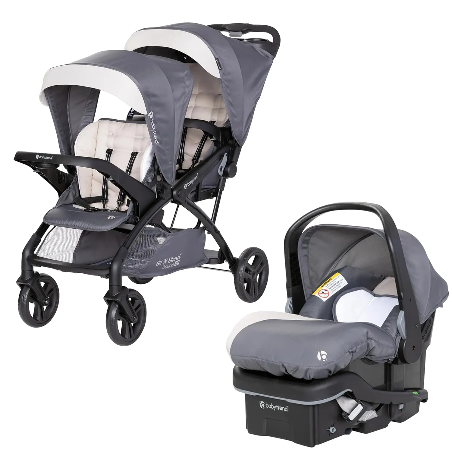 Baby Trend Sit N' Stand Double Stroller 2.0 DLX with 5 Point Safety Harness and EZ-Lift Plus Lightweight Infant Car Seat with Cozy Cover, Magnolia