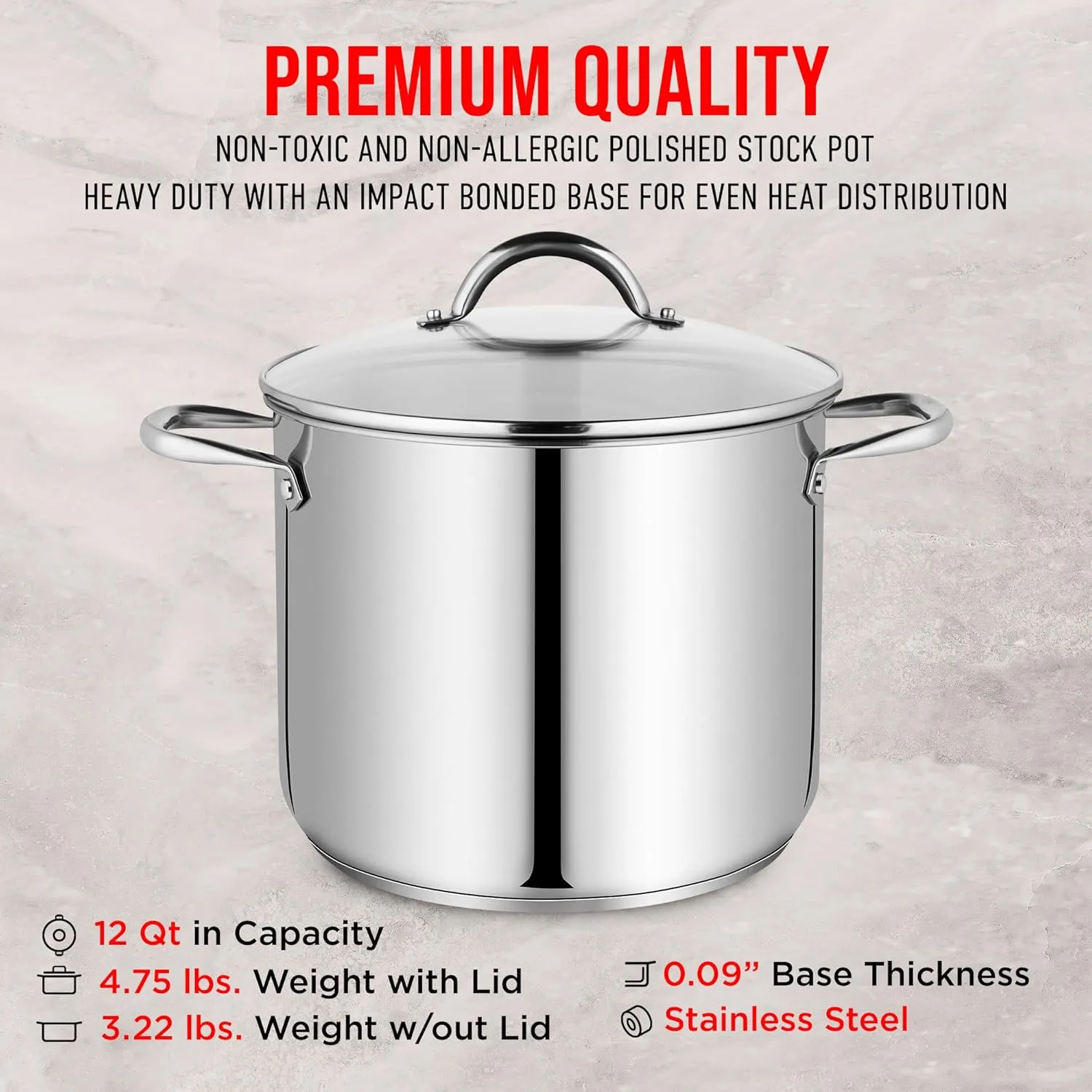 Bakken-Swiss Deluxe 12-Quart Stainless Steel Stockpot w/Tempered Glass See-Through Lid - Simmering Delicious Soups Stews & Induction Cooking - Exceptional Heat Distribution - Heavy-Duty & Food-Grade