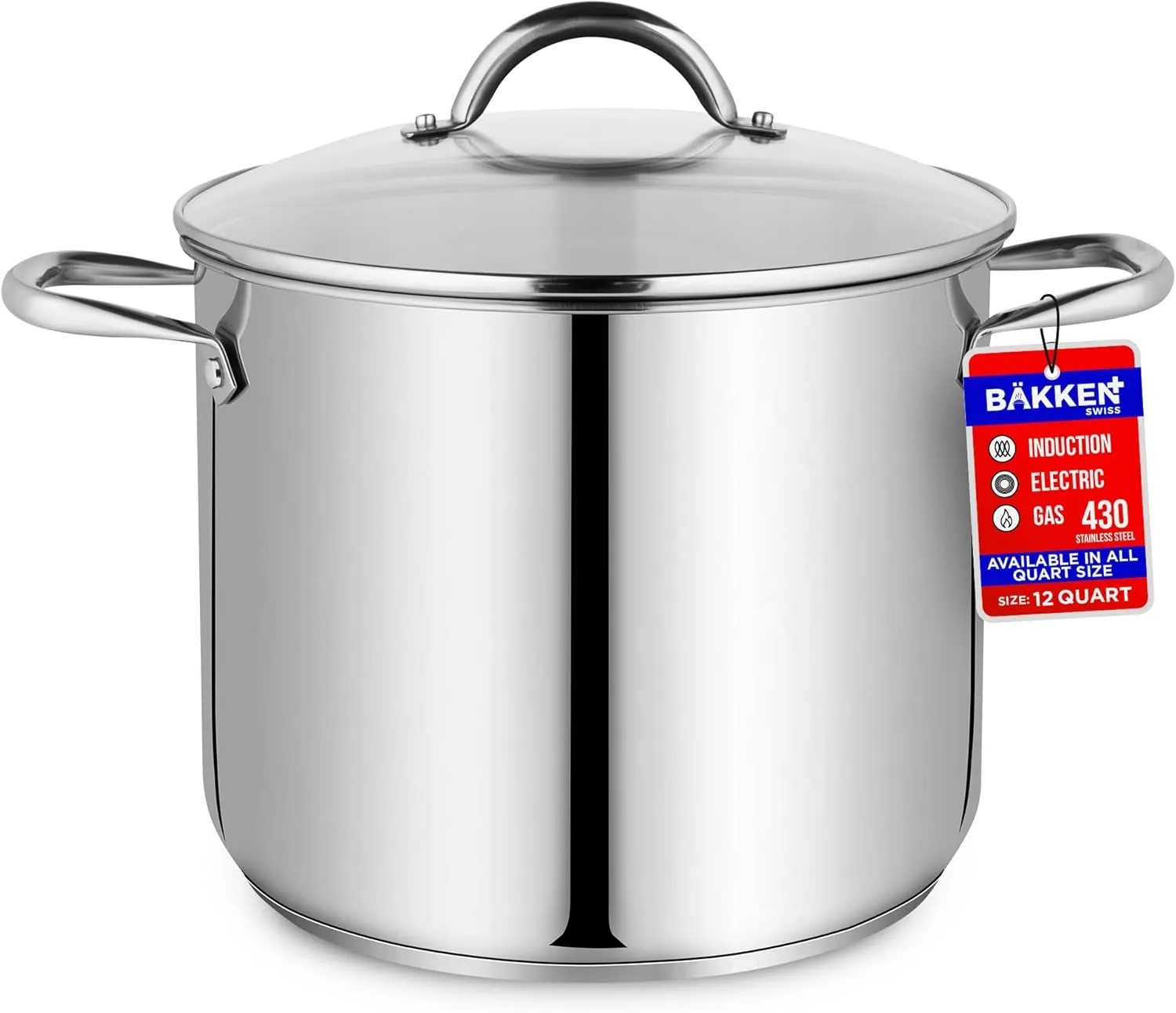Bakken-Swiss Deluxe 12-Quart Stainless Steel Stockpot w/Tempered Glass See-Through Lid - Simmering Delicious Soups Stews & Induction Cooking - Exceptional Heat Distribution - Heavy-Duty & Food-Grade