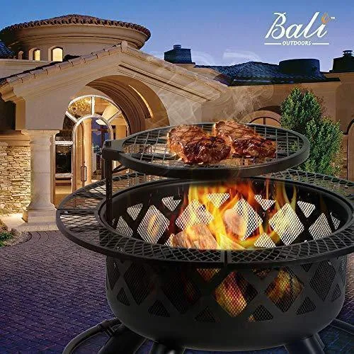BALI OUTDOORS Wood Burning Fire Pit Backyard with Cooking Grill, 32in, Black, 24in