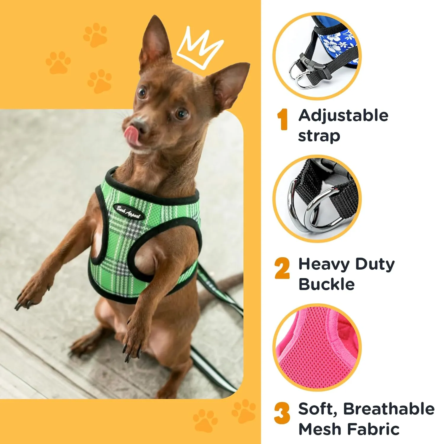 Bark Appeal Yellow Netted Step-in Dog Harness for Small-Medium Pets – Updated Sizing, Remeasuring is Essential – Soft Netted Mesh – Anti-Choke with Adjustable Strap & Heavy Duty Clip – S