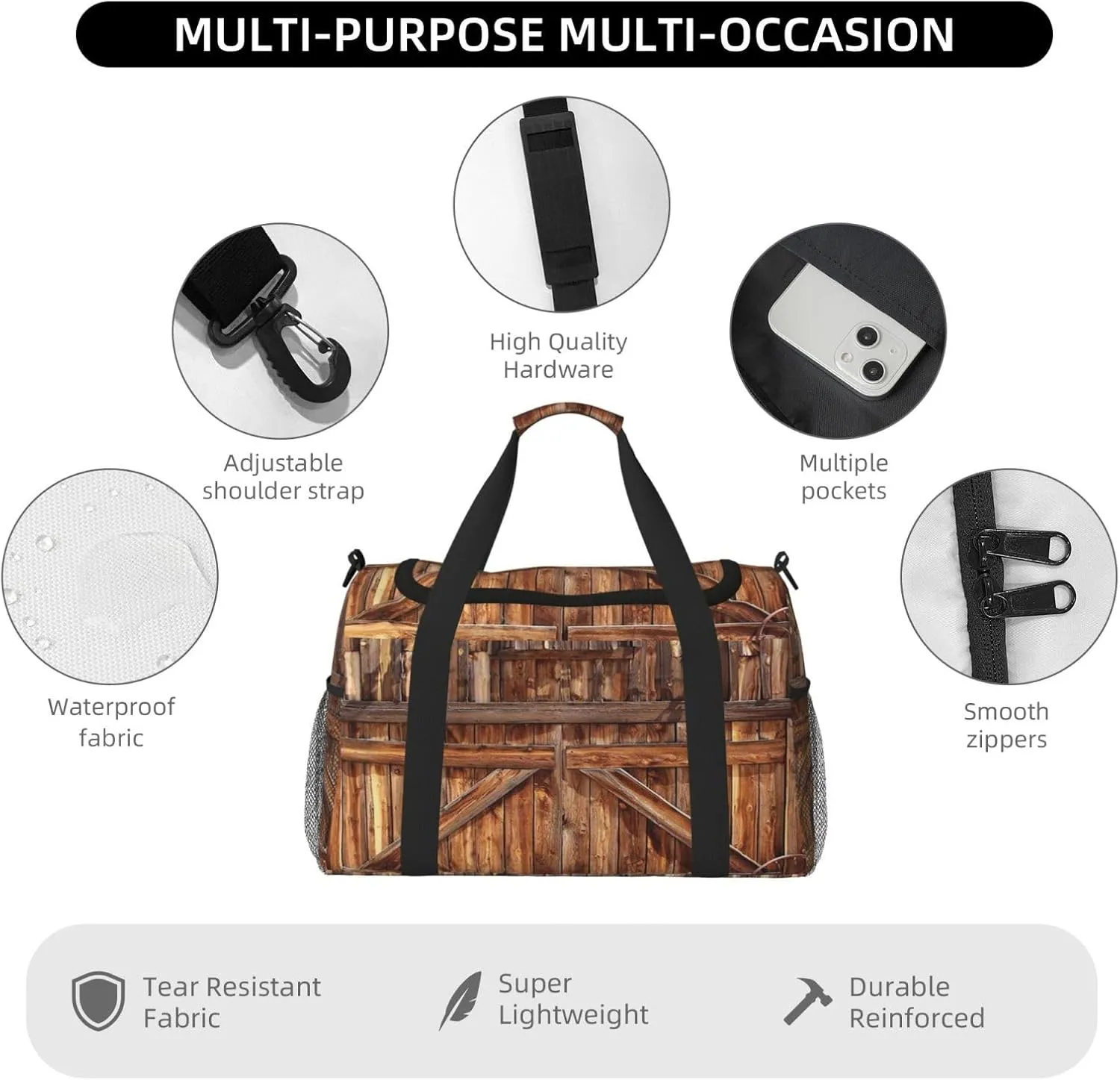 Barn Door Print Hand Travel Bag Large Capacity Slung Bag For Long-Distance Travel, Weekend Trips, And Outdoor Activities