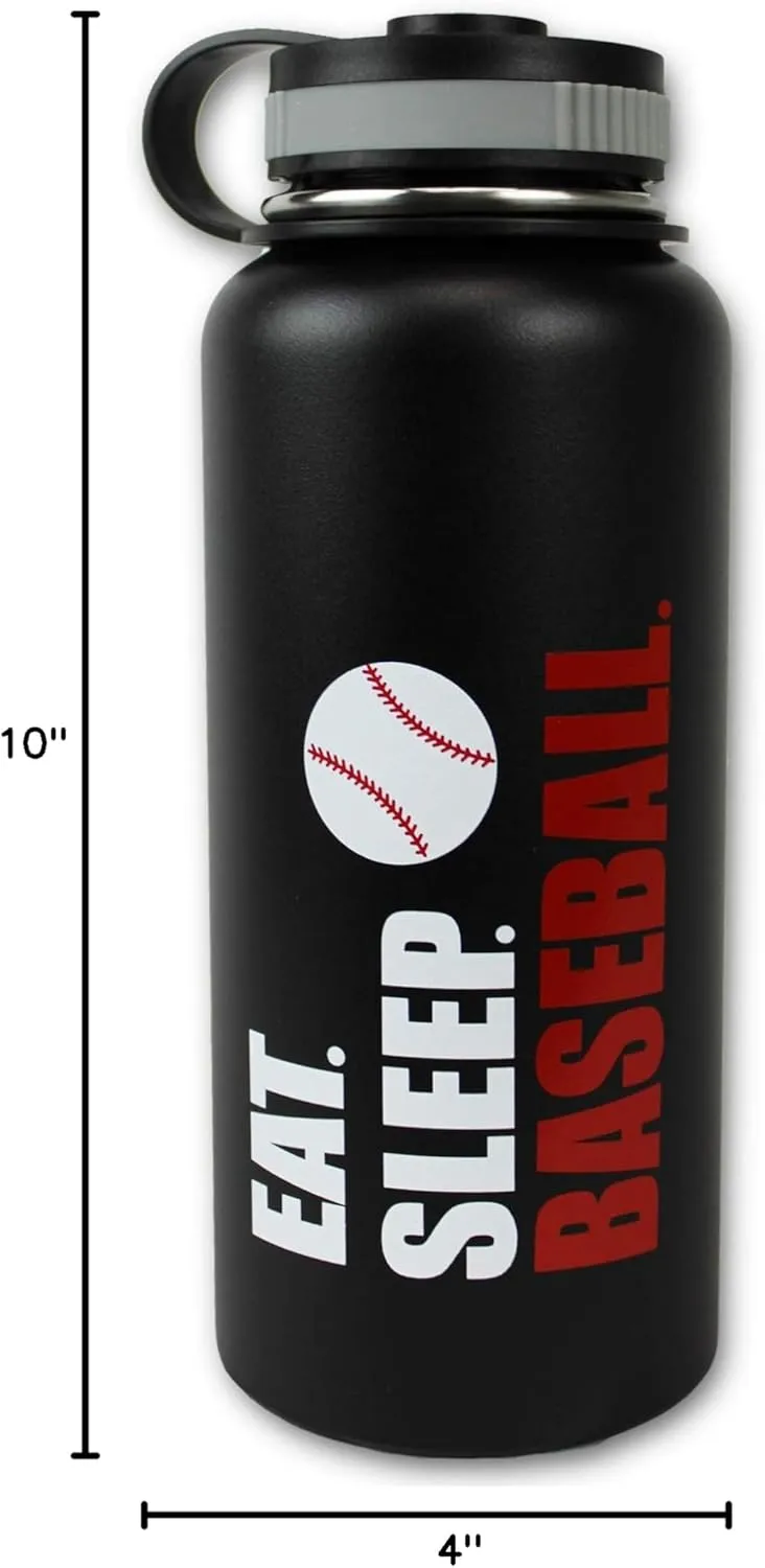 Baseball Water Bottle Eat Sleep Tumbler 32 oz Gift for Kids Teen Mom Men Flask Sports Travel Waterbottle, Stainless Steel, Vacuum Insulated (Black Baseball)