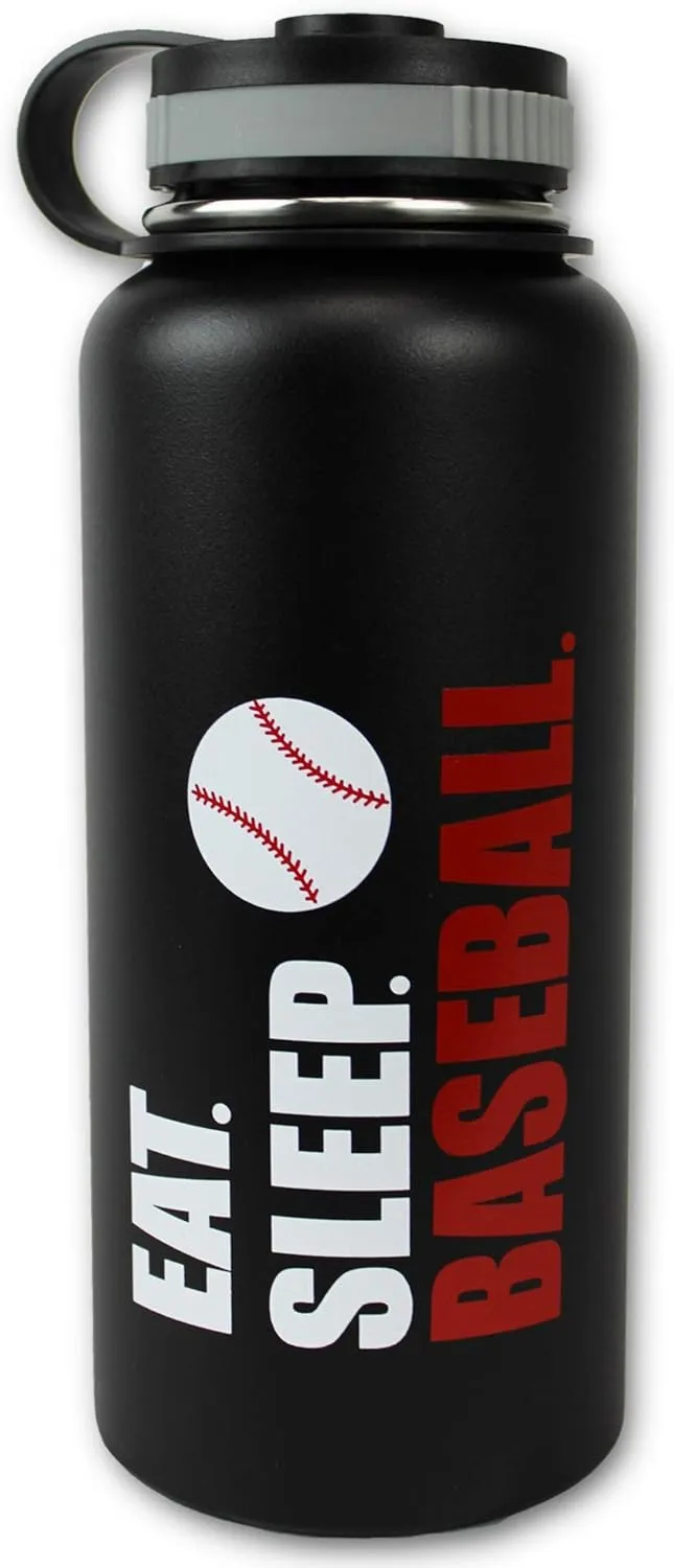 Baseball Water Bottle Eat Sleep Tumbler 32 oz Gift for Kids Teen Mom Men Flask Sports Travel Waterbottle, Stainless Steel, Vacuum Insulated (Black Baseball)