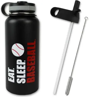 Baseball Water Bottle Eat Sleep Tumbler 32 oz Gift for Kids Teen Mom Men Flask Sports Travel Waterbottle, Stainless Steel, Vacuum Insulated (Black Baseball)