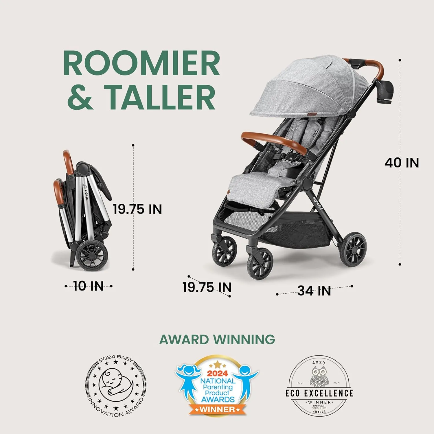 Bēbee V2 Lightweight Baby Stroller - Premium Vegan Leather, One-Hand Fold, Infinite Recline, Aircraft-Grade Aluminum Frame, XXL Canopy, and Ample Storage Umbrella Stroller - Stone Gray
