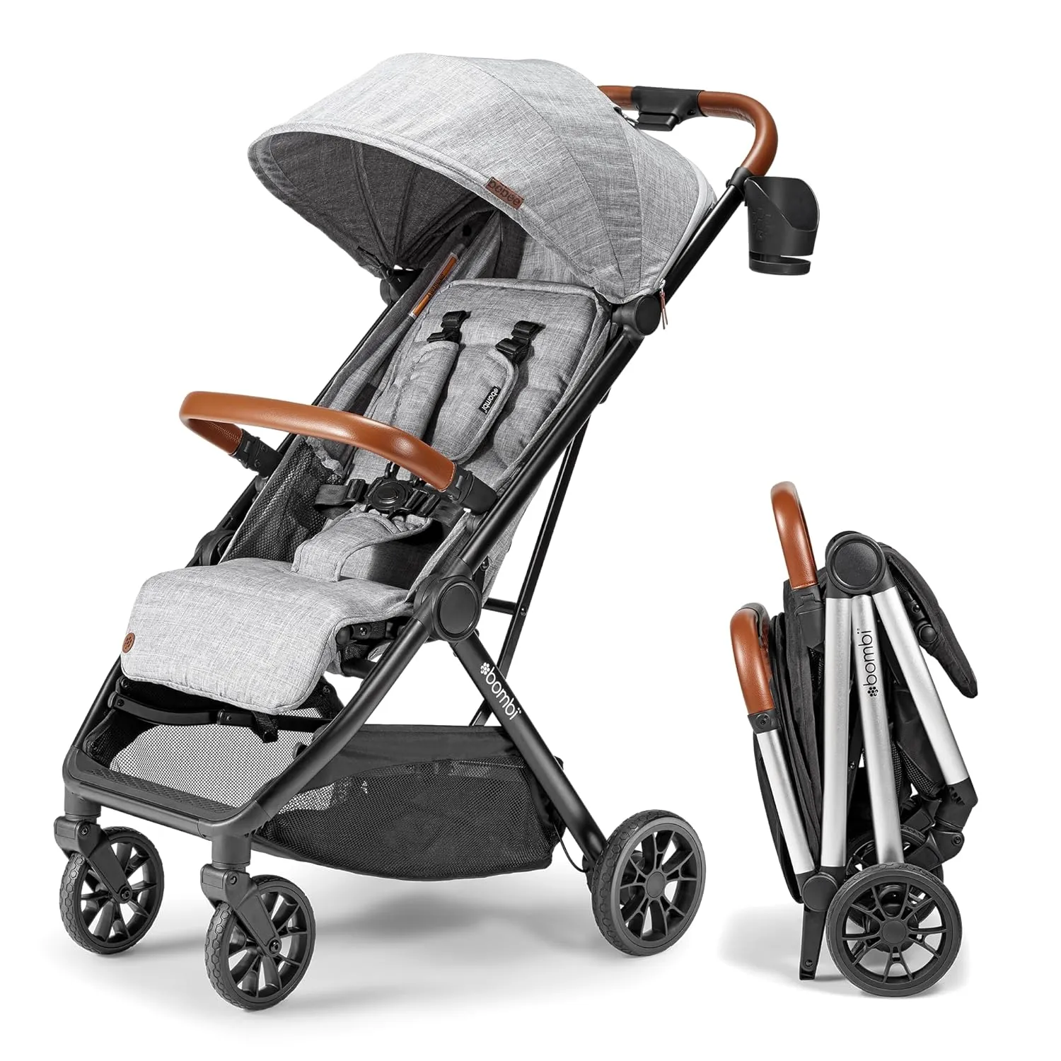 Bēbee V2 Lightweight Baby Stroller - Premium Vegan Leather, One-Hand Fold, Infinite Recline, Aircraft-Grade Aluminum Frame, XXL Canopy, and Ample Storage Umbrella Stroller - Stone Gray