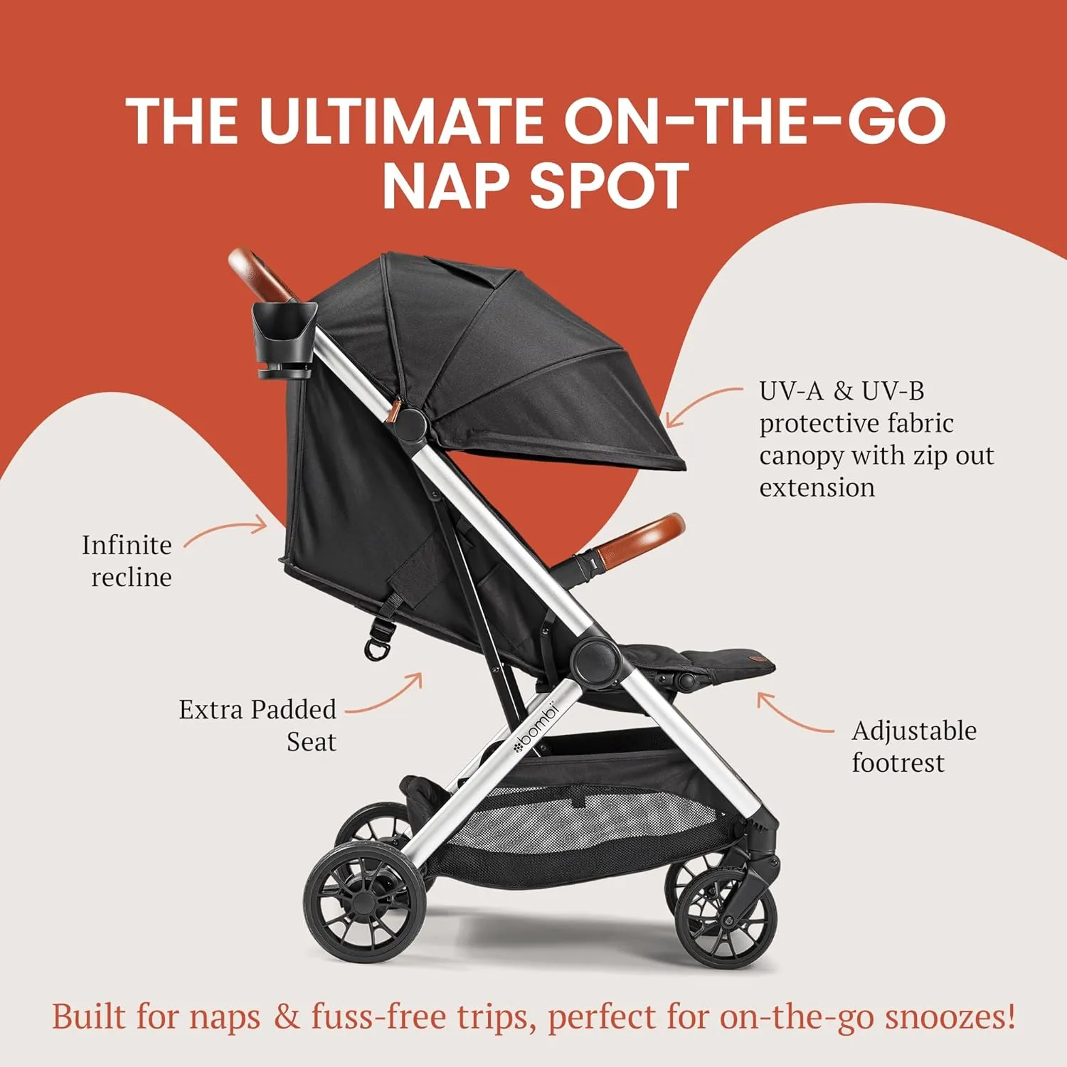 Bēbee V2 Lightweight Baby Stroller - Premium Vegan Leather, One-Hand Fold, Infinite Recline, Aircraft-Grade Aluminum Frame, XXL Canopy, and Ample Storage Umbrella Stroller - Stone Gray